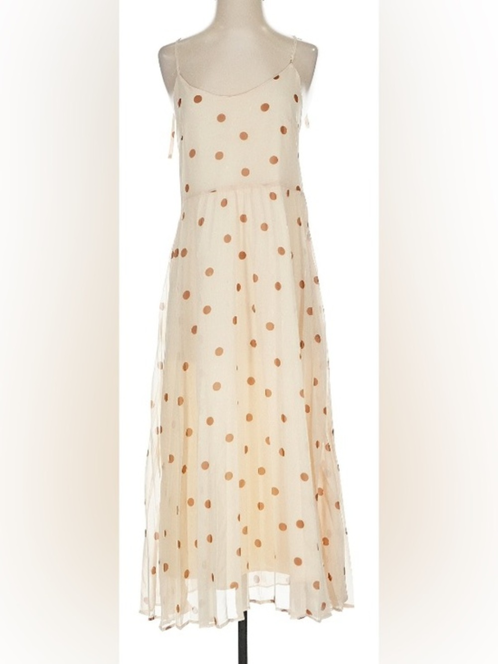 AVANTLOOK Ivory and Tan Polka Dot Maxi Slip Dress: Size Small